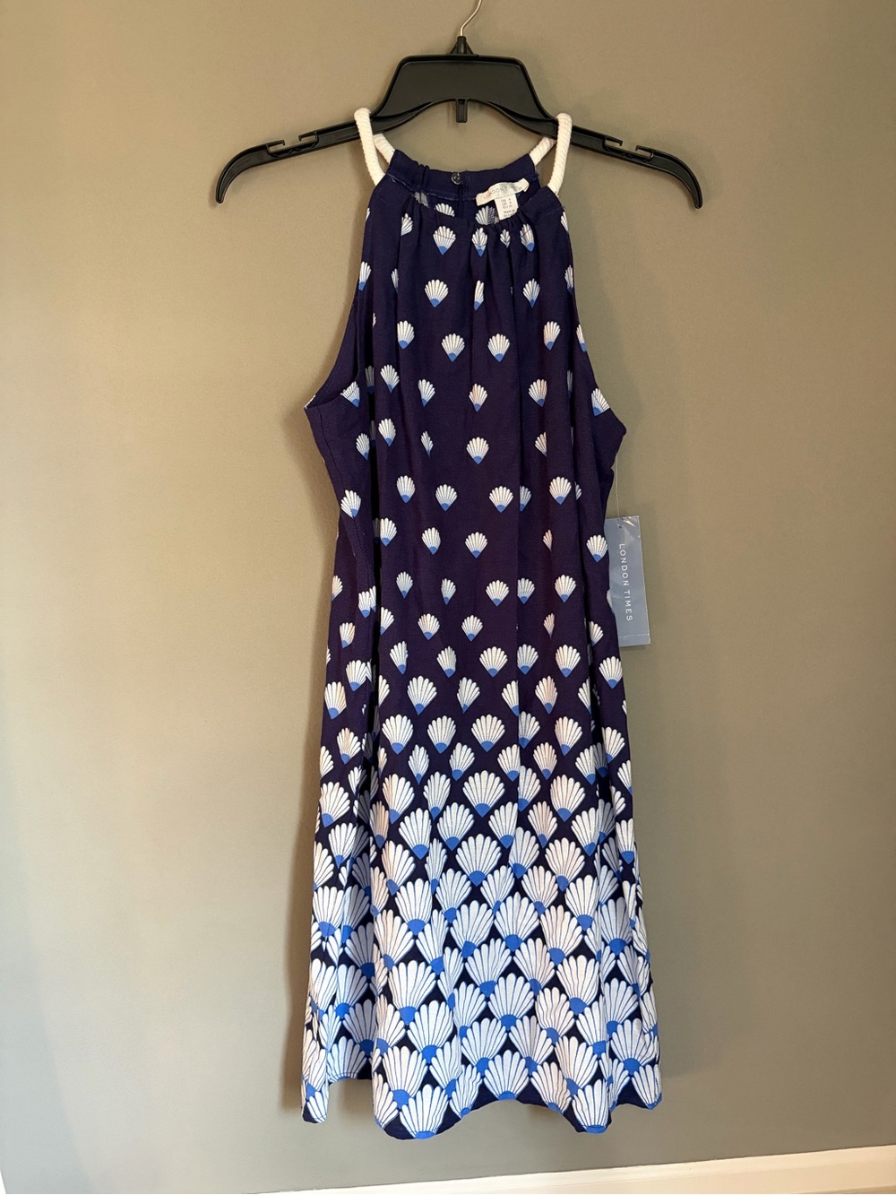 London Times Navy Blue White Seashell Print Linen Blend Shift Dress Rope Accent